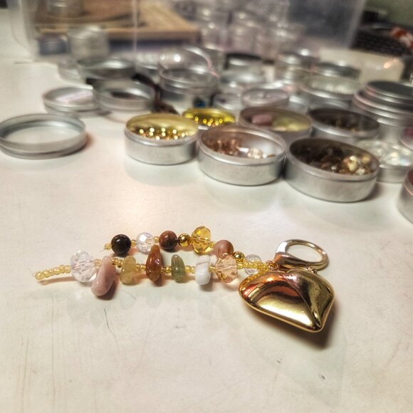 Morganite, Cherry Quartz, Unakite & Tiger Eye Bag Charm – Gold Heart Accent - Picture 2 of 3